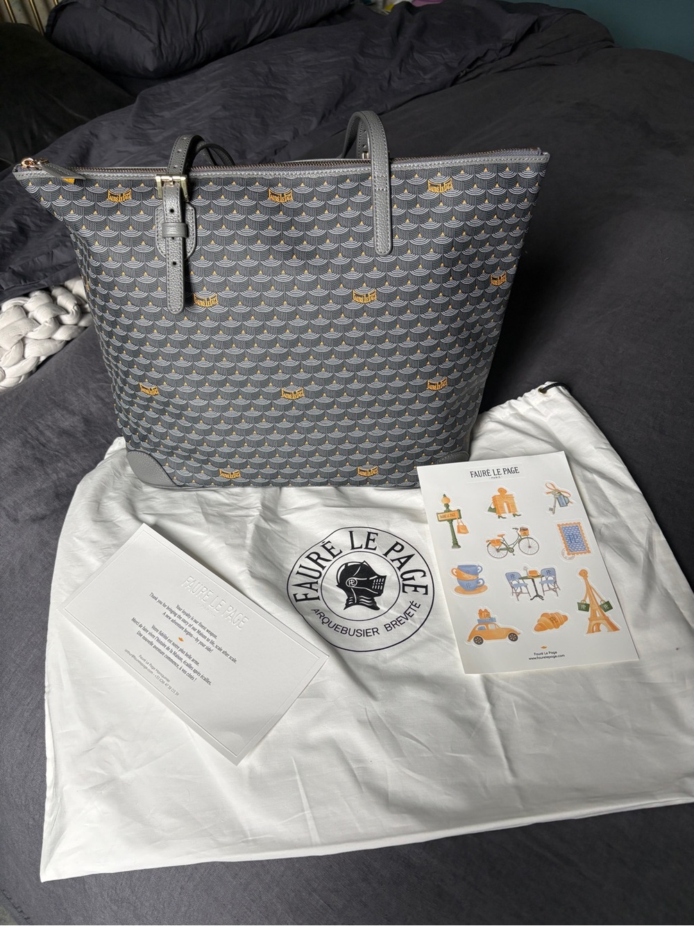 Fauré Le Page Daily Battle Zip 35 Tote Gray Logo Pattern Leather, Canvas, Gold - Picture 2 of 16